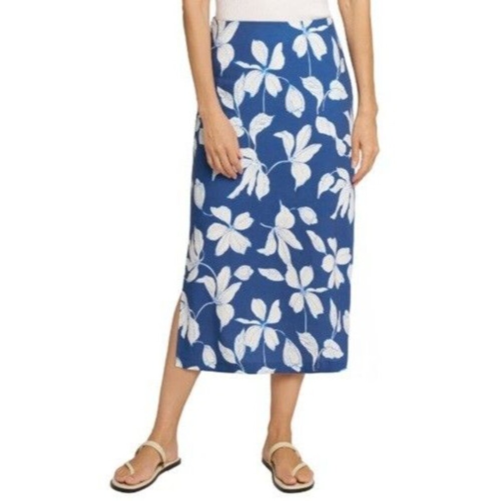 Matty M Womens Linen Blend Skirt Blue Floral Small S Casual Below Knee NWT